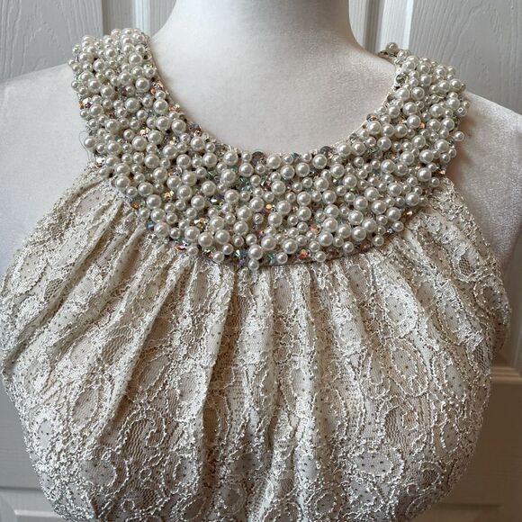 Cache Champagne Lace Gown with Pearl Neck and Godet Mesh Insert Size 4 EUC - Picture 4 of 13